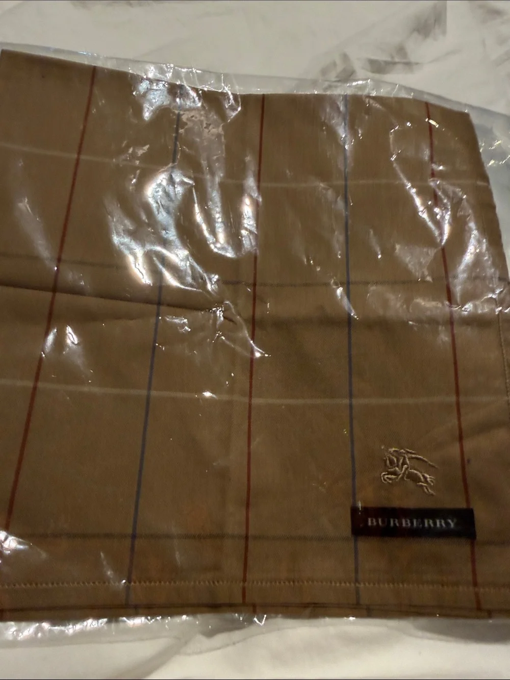 Burberry Tan Plaid handkerchief with Red and Blue Stripes new with tag unisex